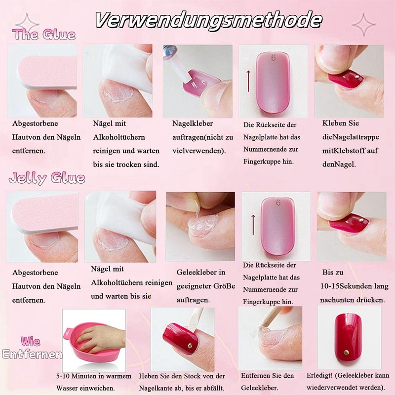 Virellay Rosa Press on Nails - Glänzende Falsche Nägel Mit