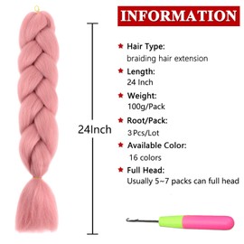 Xtrend 24 Inch 3 Packs Braiding Hair Pink Kanekalon Jumbo Braids Hair Extension Jumbo Braiding for Twist Braiding Box Braids Crochet Hair (3 Packs, Pink)