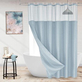 MitoVilla Blue Long Shower Curtain 72 x 78, 78 inches Long Cloth Mesh Top Window Shower Curtains for Hotel Spa Bathroom Decor, Fog Blue Waffle Fabric Shower Curtain Set with Snap-in Liner