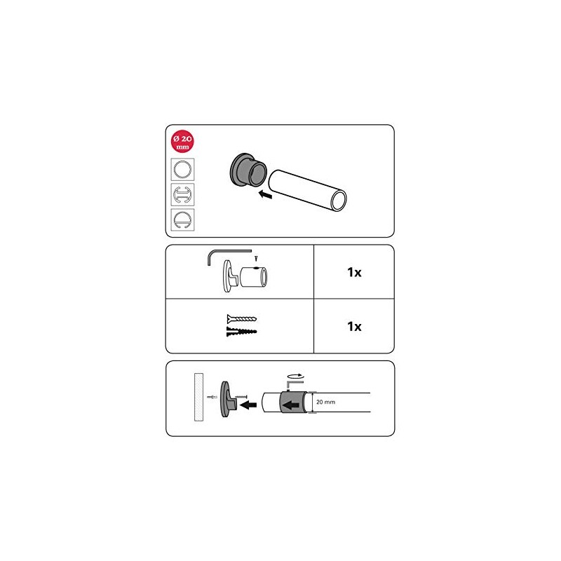 Gardinia Wall Mount for Curtain Rods with 20 mm Diameter,