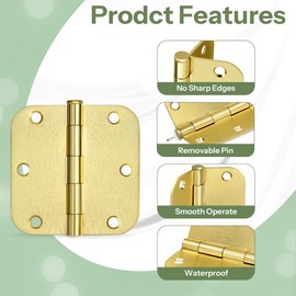 Moquin 12 Pack Noiseless Rounded Door Hinges, 3.5 x 3.5 Inch Door Hinges Hardware with 5/8" Radius Corners and Removable Pin, Satin Brass 3 1/2 Folding Flat Iron Interior Door Hinges