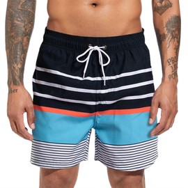 Men's Swim Trunks Quick Dry Beach Shorts with Compression Liner Swimming Shorts with Zipper Pockets Striped Navy S