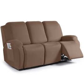 TAOCOCO Recliner Sofa Slipcover, 3 Pieces Polyester Fabric Stretch Sofa Covers for 3 Seat Reclining Couch, Soft Washable Furniture Protector with Pockets (3 Seat, Light Coffee)