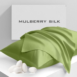 Cobnom Pure Mulberry Silk Pillowcases Set of 2, Standard Size with Zipper - Grade-6A 19 Momme, 600 Thread Count Soft Smooth Cooling, Hair and Skin Friendly (Moss Green, 20x26 Inch)