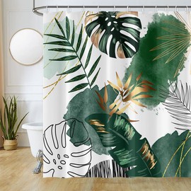 Uiiooazy Duschvorhang Boho Style, Duschvorhang Grün Gold Palmenblätter Tropische Duschvorhänge Anti Schimmel Wasserdicht Polyester Stoff Waschbar Bad Vorhang mit 12 Haken für Badezimmer 180Bx180Hcm
