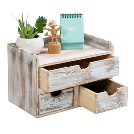 Rustic Distressed white 3-Tier Wood Desk Organizer with 3 Drawers Mini Storage Shelf For Desk, Toiletries Vanity Office Supplies (Vintage white)