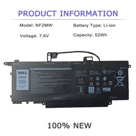 DELL NF2MW Laptop Battery for Dell Latitude 7400 2-in-1 Latitude 9410 2-in-1 Series Notebook NF2MW P110G P110G001 7146W 85XM8 085XM8 08W3YY 0C76H7 C76H7 2K0CK GJD1V 0G8F6M 7.6V 52Wh 6500mAh 4-Cells