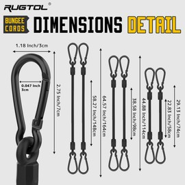 Tensioning Elastic Strap with Carabiner, Improved Expander with Carabiner Hook, Set of 6, Luggage Straps Black in 3 Sizes, 60 cm, 100 cm, 150 cm, Extra Strong Rubber Tensioner for Awning, Tarps