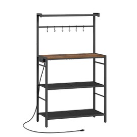 MAHANCRIS Bakers Rack with Power Outlet, Kitchen Storage Shelf with 6 Hooks, Microwave Stand with Storage, 4-Tier Coffee Bar Station, for Kitchen, Dining Room, Rustic Brown and Black BRHR351E01