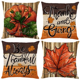 Heirloom Haven 4 Pack Fall Pillow Covers Decoration,18x18in Farmhouse Tree Texture Bottom Pumpkin Maple Leaf Thanksgiving Throw Pillows Cushion Case Couch Decor for Autumn Home Outdoor Decorations