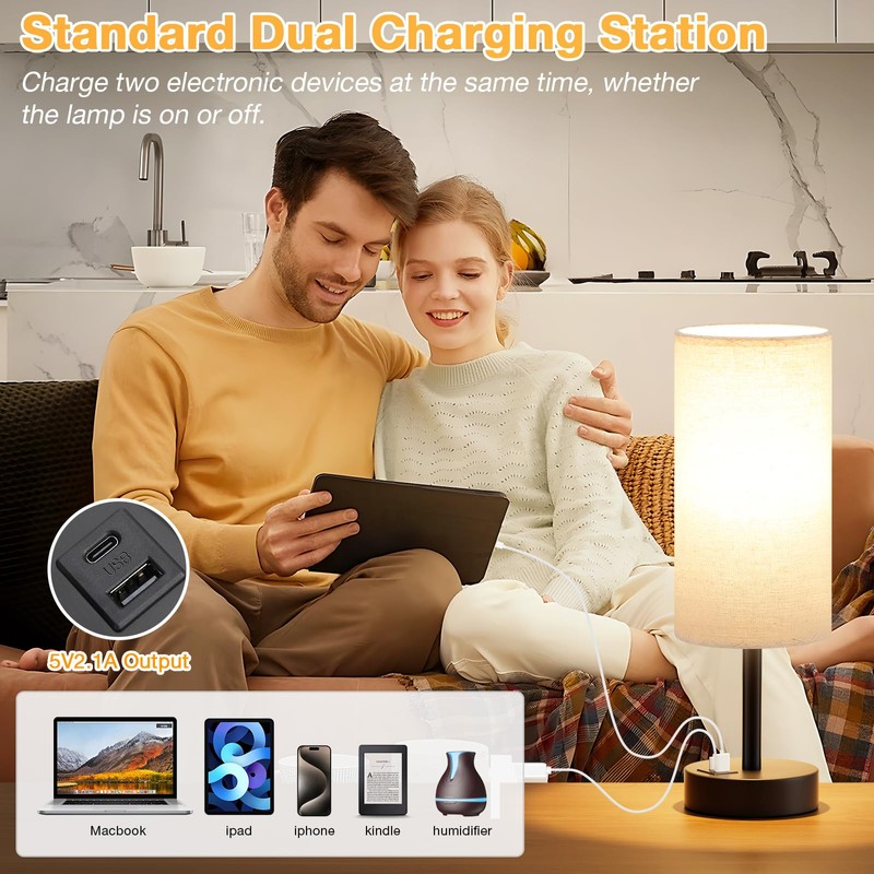 Beige Touch Lamp for Bedroom with USB - 3 Way