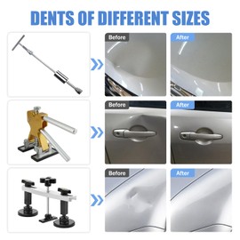 HUGEBO 128PCS Dent Removal Kit,Paint-Safe Dent Removal Tools, DIY Dent Puller Set with Golden Lifter, T-Bar, Bridge Suction Cup Puller, Rubber Hammer & Glue Gun for Car Dent Removal