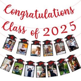 2025 Graduation Photo Banner Decorations, Red Congrats Grad Banner, Kindergarten to 12th Grade Graduation Party Decorations for Class of 2025 Middle High School College Party Supplies