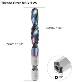 sourcing map Combination Drill and Tap Bit, Metric M8 x 1.25 Thread 1/4" Hex Shank, Blue Nano Coated Threading Screw Taps Spiral Flute Drilling Tapping Tool, High Speed Steel (HSS) 4341