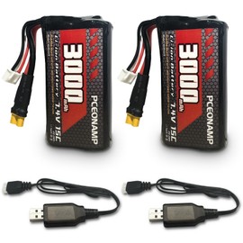 PCEONAMP 7.4V Li-ion Battery 3000mAh 2S with XT30 Plug Rechargeable High Capacity RC Battery fit for Huina 580 582 583 594 Remote Control Excavator with 2 USB Charger Cable