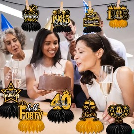 15PCS 40th Birthday Decorations for Men and Women - Black and Gold Table Centerpieces and Greeting Cards - Cheers to 50 Years Honeycomb Party Decor - 1985 Birthday Table Decorations for Him Her