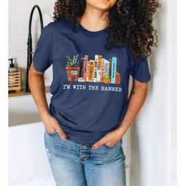 FYAPHION I Read Banned Books Shirts Womens Book Lovers Gifts Reading Tshirts for Teachers Librarian Readers Bookworms Dark Blue XL