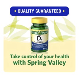 Spring Valley Vitamina D3 (10mcg 400iu) 200 Softgels Sin Sabor Apoya La Salud Ósea Y La función inmunologica Promueve Una Función Muscular Saludable Sin Gluten y Sin Omg