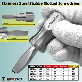 WEDO Stubby Screwdriver, Stainless Steel Slotted & Flat Head Screwdriver, 8mm x 38mm, Corrosion Resistant, Rust Proof, Environmentally Friendly