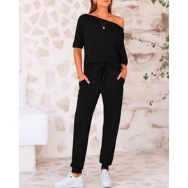 Zenlonr Women Summer 2 Piece Outfits 2025 Off Shoulder Short Sleeve Tops Elastic Waist Drawstring Long Pants Tracksuit(Black,Large)