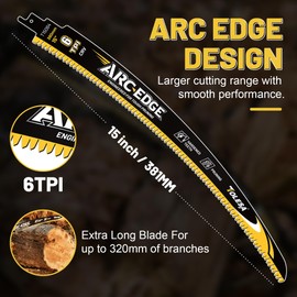TOLESA 15in. Japanese Teeth Reciprocating Saw Blade, Arc Edge Wood Pruning Saw Blades 6TPI for Tree Trimming, Wood Cutting, Durable & Sharp, 3 Pieces