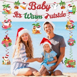 Need DIY Summer Christmas Party Decorations Banner and Hanging Swirls Baby It's Warm Outside Banner,Merry Christmas Cutout with Hanging Swirls Hawaiian Snowman Style Party Supplies