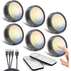 Rechargeable Puck Lights with Remote Control, Black Battery Operated Push Lights LED Stick On Lights for Closet Magnetic Tap Light USB Display Shelf Lights Kitchen Under Cabinet Press Button Lights