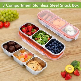 3pcs Caja para aperitivos de acero inoxidable, recipientes aperitivos de 3 compartimentos con tapas, fiambrera metálica reutilizable, para el colegio 