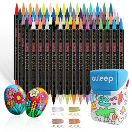 AULEEP Acrylic Pen Set 36 Colours (6 Metallic Pens Included) Dual Tip (Brush & Fine Tip) Acrylic Maker for Stones Waterproof for Ceramic/Canvas/Wood/DIY/Painting Art for Children and Adults