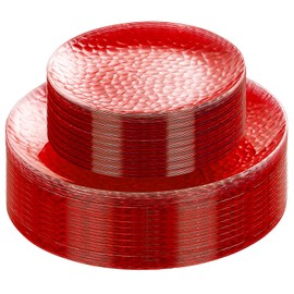 Rubtlamp 60 Pcs Christmas Plasitc Plates, Heavy Duty Red Plates Disposable,Clear Red Disposable Plates, red Hammered Plastic plates Include 30 Dessert Platos, 30 Dinner Platos for Party