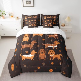 Feelyou Cute Sausage Dog Print Bed in a Bag Cartoon Dachshund Comforter Set with Sheets for Teens Boys Girls Bedroom Decor Puppy Dog 7 Piece Bedding Set Queen Size Kawaii Dog Reversible Bed Set