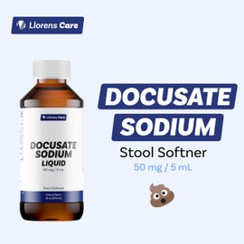 Docusate Sodium, Stool Softener by Llorens Care 50 mg. 5 mL per dose. Alleviate Constipation & Provide Relief. Compared to Senokot. Made in The USA