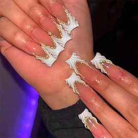 SINHOT Square Press on Nails Long - Gold Glitter Edge Fake Nails Glossy Glue on Nails 3D White Swirl Nails French Tip Squoval Artificial Nails Stick on False Nails with Design 24pcs