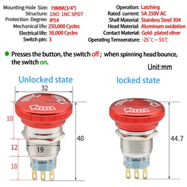 19mm 3/4" Latching Emergency Stop Push Button Switch SPDT Mushroom Stainless Steel 29.7mm Head with Wired Socket 120V 12V 5V DC/AC (19MM Big Head 1NO 1NC)