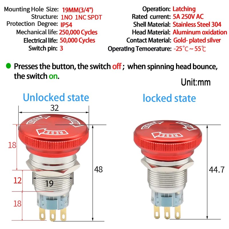 19mm 3/4" Latching Emergency Stop Push Button Switch SPDT Mushroom