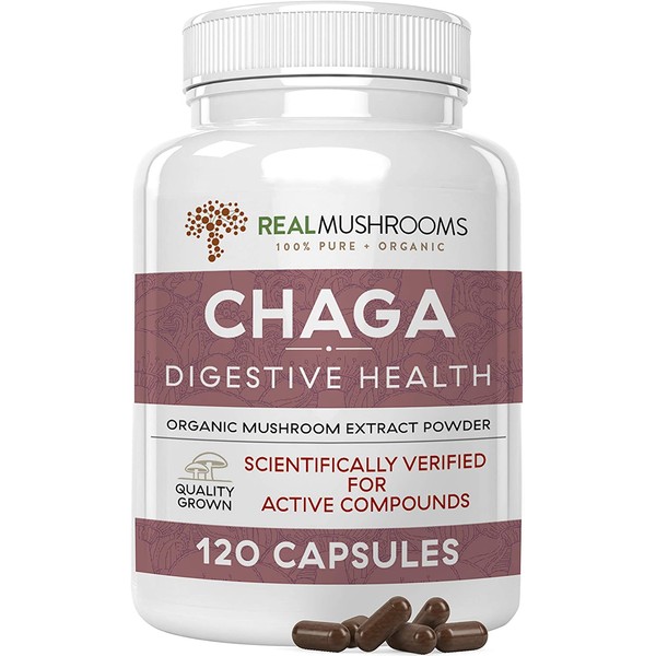Real Mushrooms Chaga Capsules for Digestive Health and Immune Support (120ct) Vegan, Non-GMO Chaga Extract Supplements, Verified Levels of Beta-Glucans