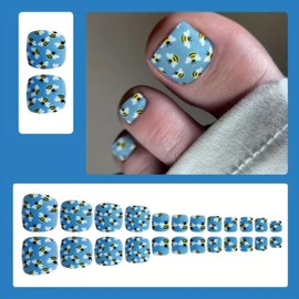 24Pcs Summer Bee Press on Toenails Blue Short Square Fake Toe Nails Cute Bee Toe Nail Press Ons with Design Acrylic Full Cover Matte False Toe Nail Tips Stick on Toenails for Women Girls 24 PCS