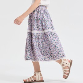 Rolanko Long Floral Skirt for Girls, Elastic High Waist Ruffle Hem, Flowing A-Line Boho Maxi Dress, Purple Floral