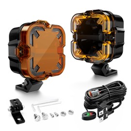 SPL 4" LED Pod Lights with Amber Covers, 90W 12000LM Hi/Lo Beam Off Road Lights with Arrow Shaped Amber DRL, Led Ditch Lights with DT Wiring Harness for Trucks Jeep Pickup SUV ATV UTV, 2PCS