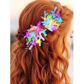 JAKAWIN Light Up Mermaid Hair Clips LED Starfish Costume Hair Barrette Seashell Ocean Glowing Hair Accessories for Women