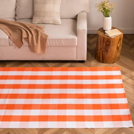 joybest Fall Buffalo Plaid Rug 3 x 5 ft Orange and White Checkered Area Rug Cotton Hand-Woven Indoor Outdoor Rugs Carpet for Patio, Living Room, Dining Room, Bedroom
