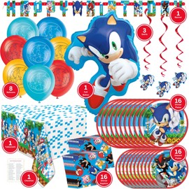 Sonic Birthday Party Decorations - Sonic Party Decorations - Bundle with Plates, Napkins, Tablecloth, Banner, Balloons, Swirls, Checklist - Birthday Supplies for 16