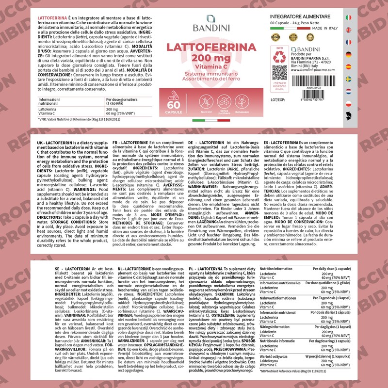 Bandini® Lactoferrin 60 Capsules - 200mg Lactoferrine + 60mg Vitamin