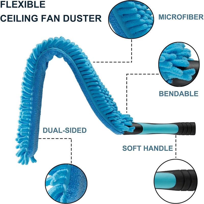 Microfiber Flexible Ceiling Fan Duster with Washable Chenille Dusting Cloth,