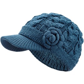 Gorro de punto para mujer con visera, forro polar de felpa cálida, Flor de cable azul de acero, Talla única