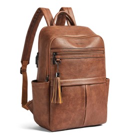 Leather Laptop Backpack for Women, 15.6" Causal Daypack Backpacks Purse Computer Backpack with Laptop Compartment for Travel Work College Business, Brown