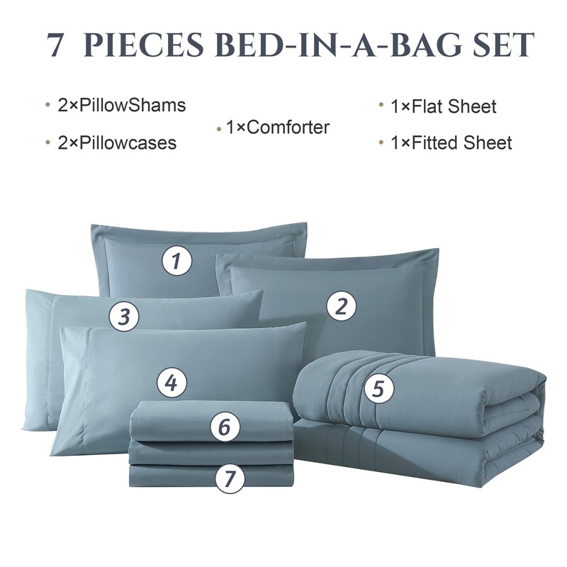 Monbix Full Comforter Set - 7 Pieces Dusty Blue Bed