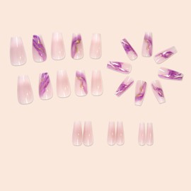 Press on Nails Medium Ballet Shaped Purple Smudge False Nails Artificial Acrylic Nails Marbling Design French Fake Nails Full Cover Glossy Reusable Coffin Nails Glue on Nails for Women 24Pcs
