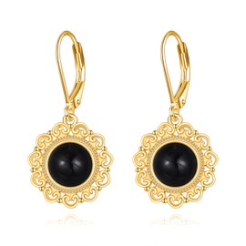 Black Onyx Dangle Drop Earrings for Women Sterling Silver 18K Yellow Gold Plated Filigree Black Onyx Leverback Earrings Jewelry Gifts for Girls (Black Onyx floral earrings)