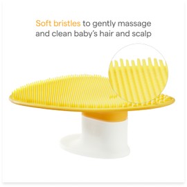 Munchkin Squeeze & Scrub Silicone Baby Bath Brush with Soap and Shampoo Dispenser - Soft & Gentle Bristles, Great for Newborn Neck Folds, Cradle Cap, Hair, Massager & Hard-to-Reach Spots, Yellow